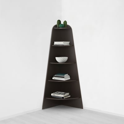 White 5-tier corner shelf for books & plants; modern, minimalist.