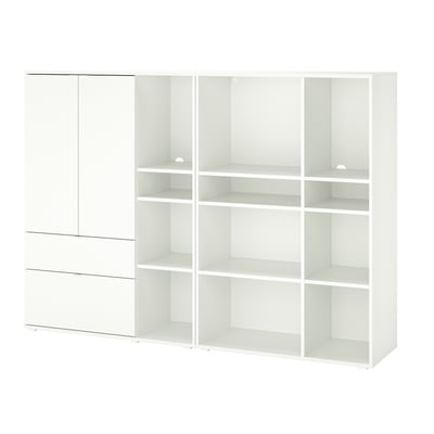 A white VIHALS storage unit with multiple shelves and drawers, featuring a clean, modern design for versatile home organisation.