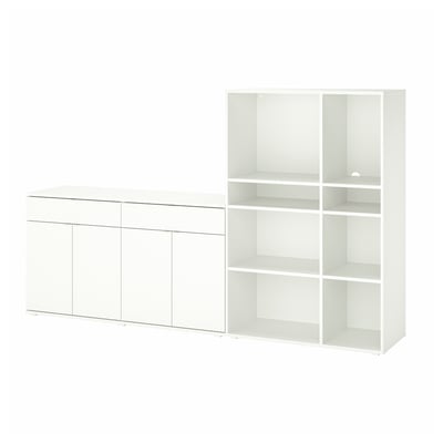 Modern white storage set: 6-cube shelf & sideboard, minimalist design, glossy finish.