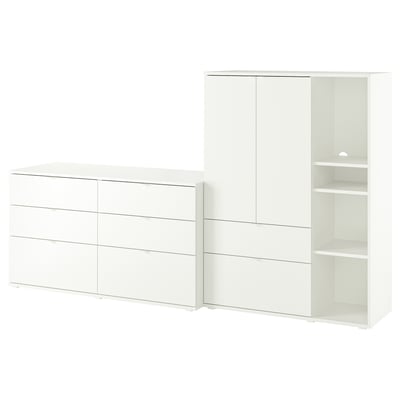 Two modern white storage units: one with six drawers, the other with shelves and drawers.