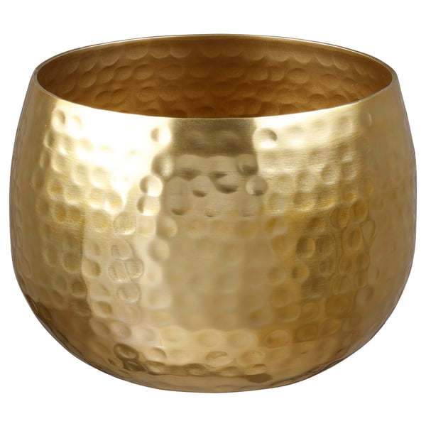 Gold-toned hammered bowl, aluminium, clear lacquer, round shape with intricate patterns.
