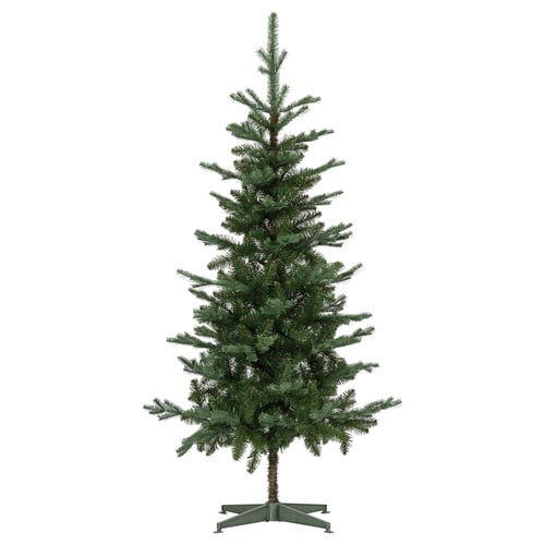 VINTERFINT: artificial green christmas tree, slim, recycled plastic, stands on green metal base.