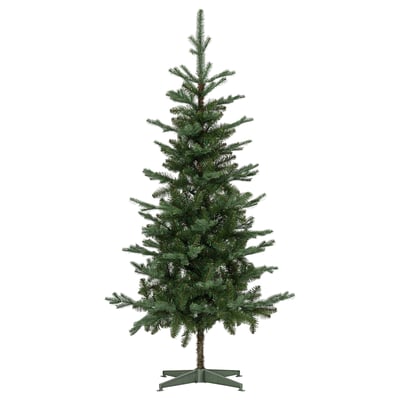VINTERFINT: artificial green christmas tree, slim, recycled plastic, stands on green metal base.