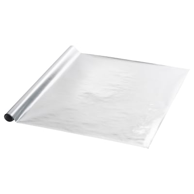 Silver gift wrap, shiny, metallic, rectangular, rolled up, elegant design.