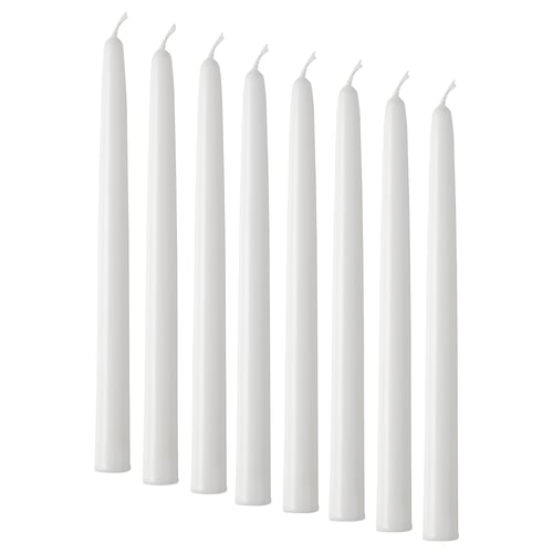 Eight white candles of uniform shape and size neatly arranged. Simple and elegant, suitable for decor.