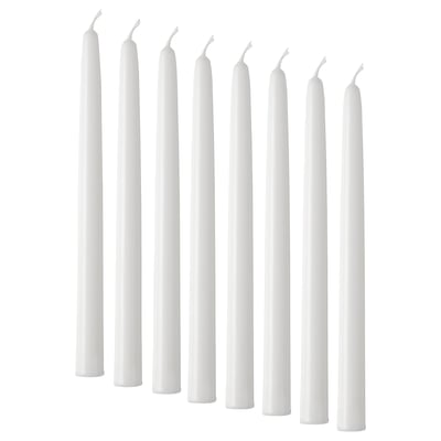 Eight white candles of uniform shape and size neatly arranged. Simple and elegant, suitable for decor.