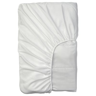 White folded mattress protector with elastic edges, 100% recycled polyester, quilted design.