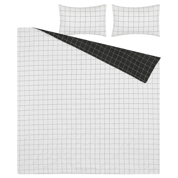 VITKLÖVER Comforter set, white black/check, 240x220/50x80 cm