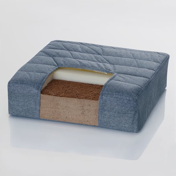 Blue fabric bed mattress with foam and coconut fibres, designed for comfort and air circulation.