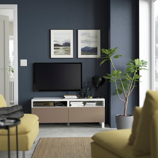 BESTÅ طاولة تلفزيون مع أدراج, أبيض/Lappviken/Stubbarp رمادي فاتح-بني, 120x42x48 سم
