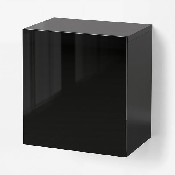 BESTÅ تشكيلة خزانة حائطية, أسود/لامع/Selsviken, 60x42x64 سم