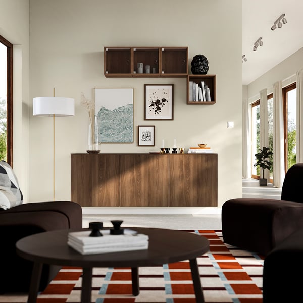 BESTÅ تشكيلة خزانة حائطية, أبيض Lappviken/بني شكل خشب الجوز, 180x42x65 سم