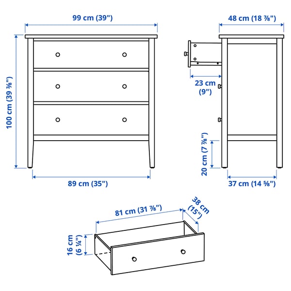 GULLABERG خزانة بـ 3 أدراج, رمادي, 99x48x100 سم