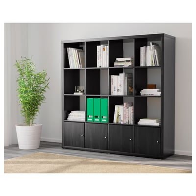 KALLAX وحدة أرفف مع 4 تركيبات داخلية, أسود-بني, 147x147 سم