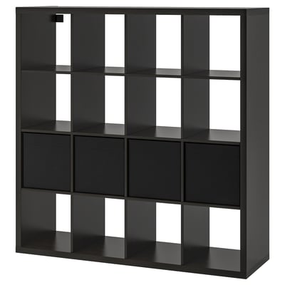 KALLAX وحدة أرفف مع 4 تركيبات داخلية, أسود-بني, 147x147 سم