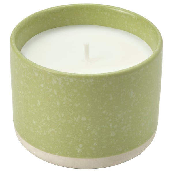 LÖVSKOGSLUND شمعة معطرة في برطمان خزفي, تفاح/أصفر-بيج مشرق, 25 س