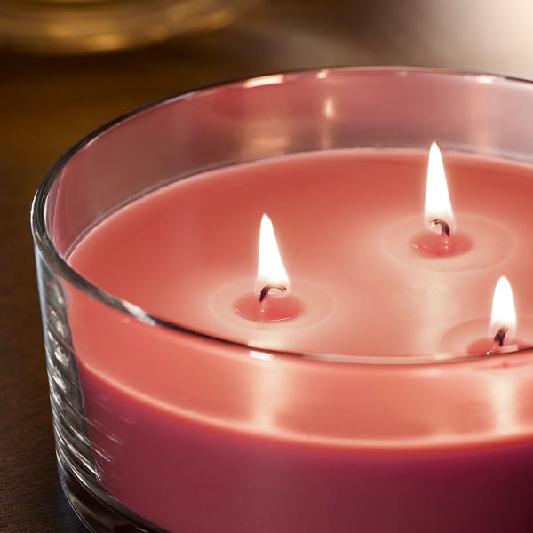 LOTSFÅGEL شمع معطر في كأس، 3 فتائل, بطيخ وردي برّاق, 25 س