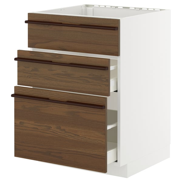 METOD / MAXIMERA خزانة قاعدة لحوض+3 واجهات/درجان, أبيض/Stensta قشرة الدردار بني غامق, 60x60 سم