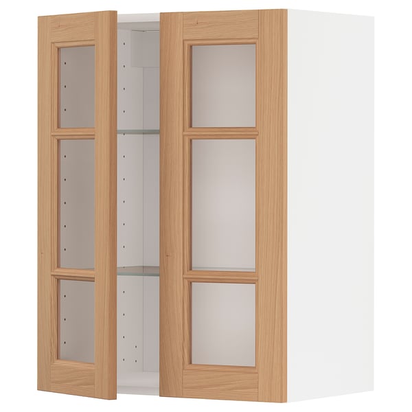 METOD خزانة حائط مع أرفف/بابين زجاجية, أبيض/Vedhamn سنديان, 60x80 سم