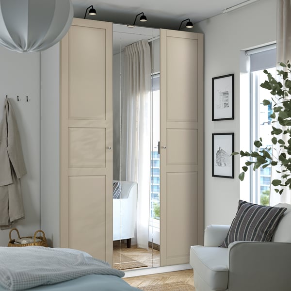PAX / KAMMARTORP/TYSSEDAL تشكيلة دولاب ملابس., أبيض زجاج مرايا/رمادي رمادي-بيج, 150x60x236 سم