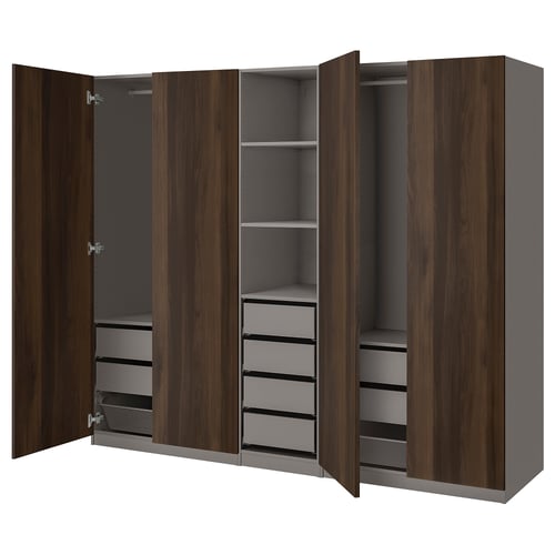 PAX / STORKLINTA تشكيلة دولاب ملابس., رمادي غامق/بني غامق مظهر سنديان مصبوغ, 250x60x201 سم