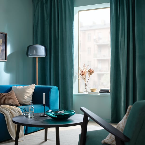 SANELA زوج ستائر, رمادي غامق-تركواز/مع شريط ستارة, 140x300 سم