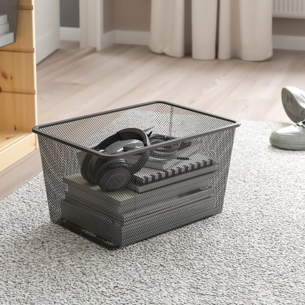 TROFAST تشكيلة تخزين, مقسم غرفة/صنوبر مصبوغ أبيض فاتح رمادي غامق, 93x44x91 سم
