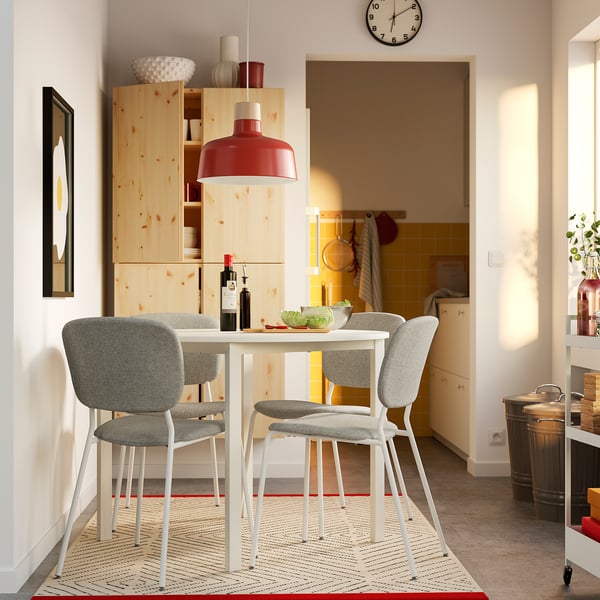 VIHALS / VIHALS طاولة و 4 كراسي, أبيض أبيض/أبيض Tibbleby رمادي-بيج, 107 سم