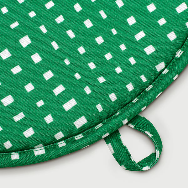 Green and white chequered chair pad with loop for hanging.
