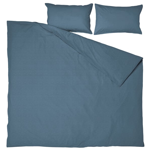 Image ÄNGSLILJA bedding set in soft blue. Includes duvet cover and two pillowcases, crafted from 100% recycled cotton for comfort.