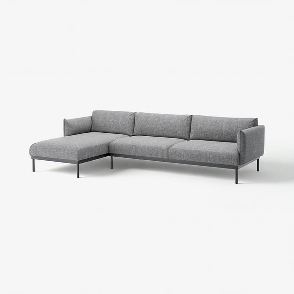 Modern grey l-shaped sofa with sleek metal legs, perfect for cosy lounging.
