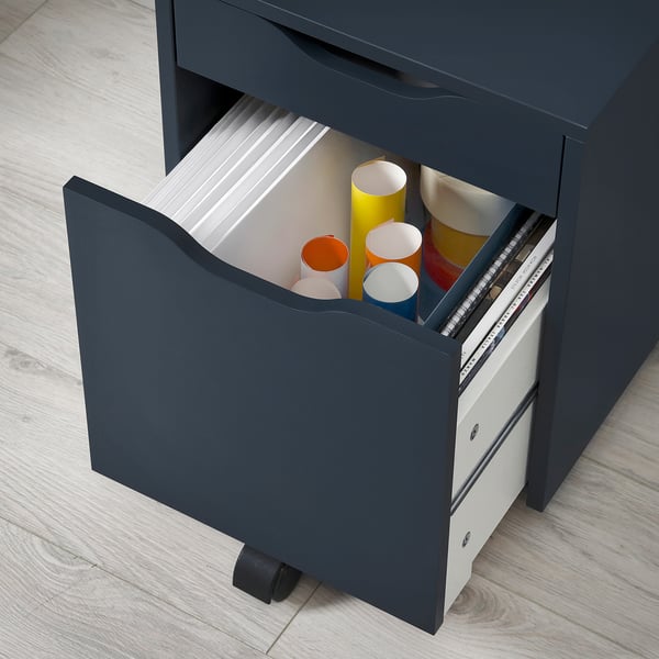 Grey ALEX drawer unit on wheels, with one open drawer revealing colourful supplies.