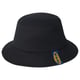 Black bucket hat with blue ikea tag. Soft cotton material, wide brim, simple design.