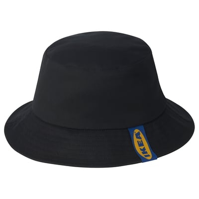 Black bucket hat with blue ikea tag. Soft cotton material, wide brim, simple design.
