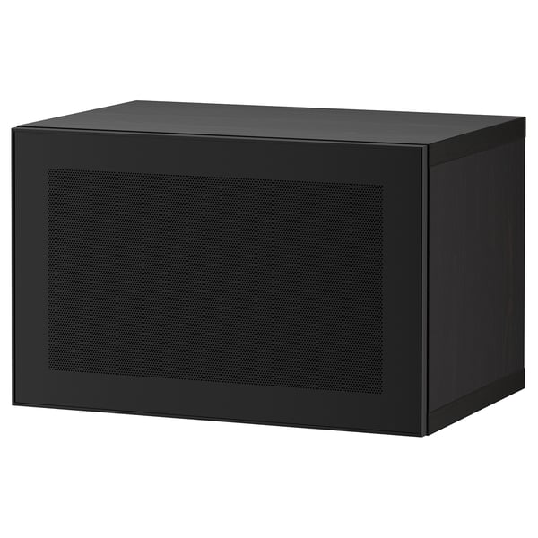Black rectangular BESTÅ storage unit with metal mesh doors.