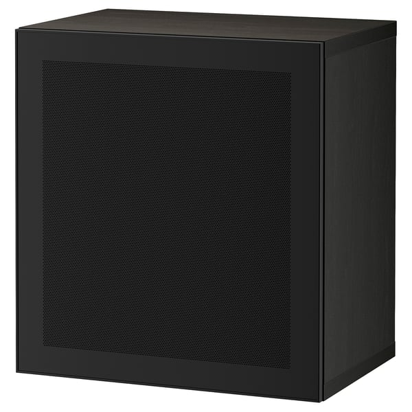 A black ikea BESTÅ storage unit. Its rectangular, made of particleboard and steel, with a perforated door.