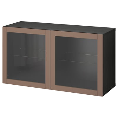 Modern BESTÅ storage unit in brown with sleek glass doors and shelves.