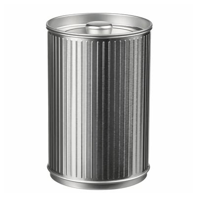 A cylindrical, silver-colored rubbish can. It has vertical, ridged patterns and a rounded lid. The design is metal with a shiny, polished finish.