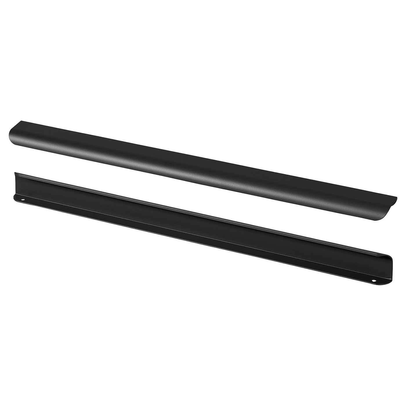 Two black minimalist BILLSBRO handles for kitchen cabinets, sleek aluminium design.