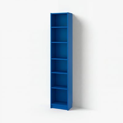 A BILLY bookcase in blue. Its a tall, rectangular shape with five empty shelves. The design is simple and modern.