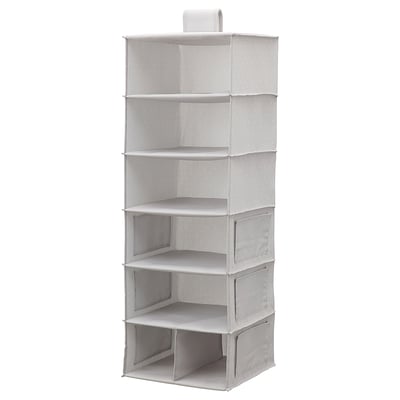 Grey BLÄDDRARE closet organiser with recycled polyester shelves and side pockets.