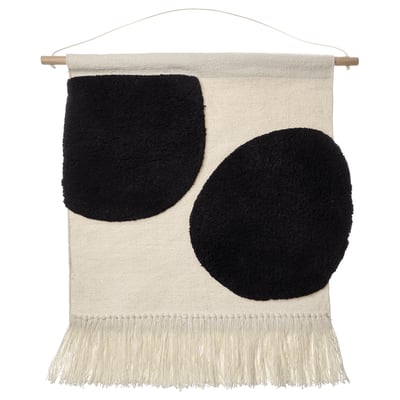 BLANDSKOG: cream, black circular shapes, textured wall hanging, fringe detail, bamboo hanger.