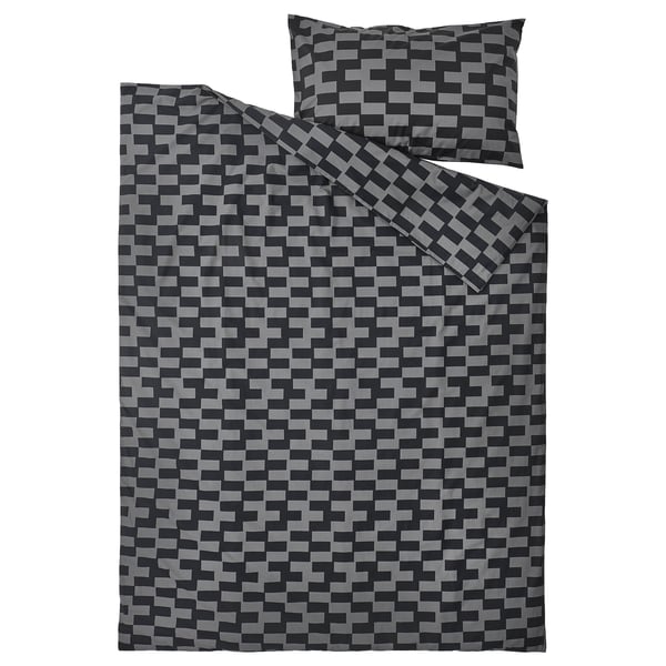 BLÅSKATA: grey pixel chequered duvet set, cotton/viscose, rectangular with zipped closure.