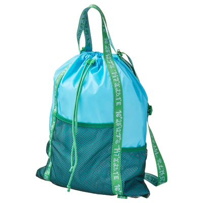 A blue-green backpack, the BLÅVINGAD. Its made from recycled polyester and mesh pockets and drawstrings. Ideal for outdoor adventures.