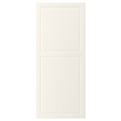 Depicts a white rectangular cabinet door with a bevelled panel in the centre. Made from fibreboard, it smooth, easy-to-clean lacquered surfaces.