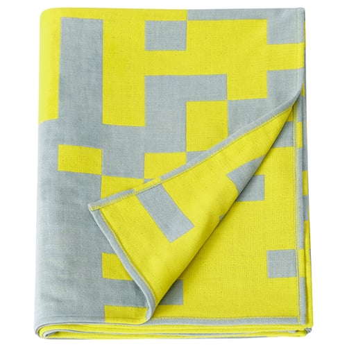BRÄNNBOLL yellow/gray throw, pixelated design, soft polyester.