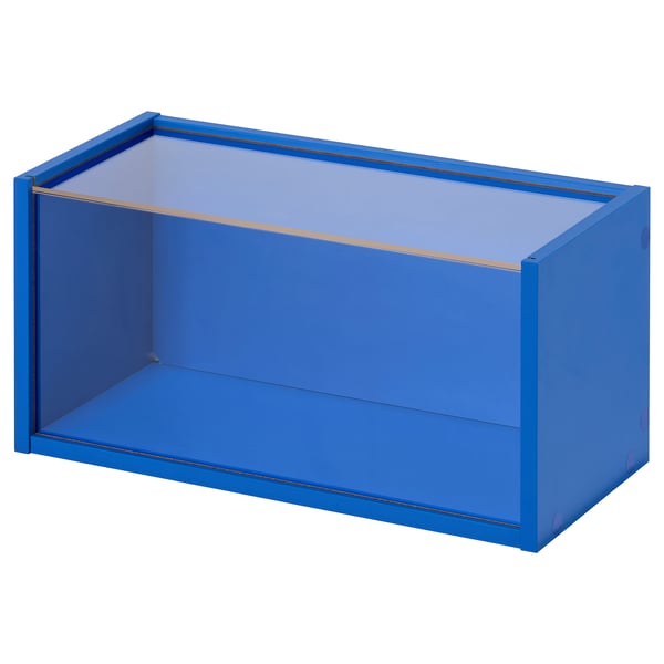 Blue BRÄNNBOLL display box with clear front, rectangular shape, stands horizontally or vertically.