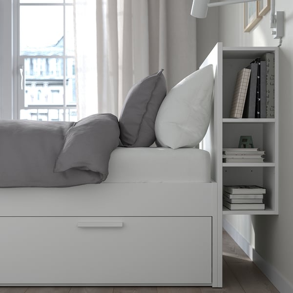 Modern bed with shelves, drawers, headboard - ideal for small rooms.