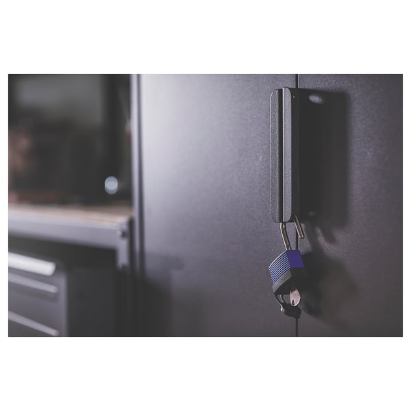 A black BROR cabinets lock. The lock is rectangular with a blue key inserted. The cabinet is constructed from durable steel.