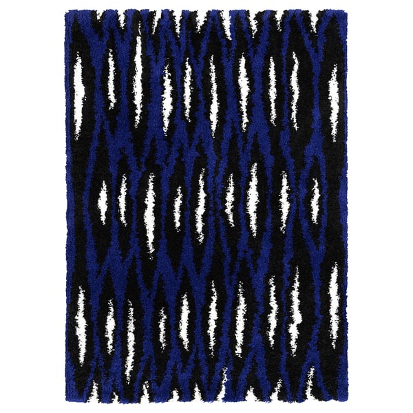BULLERREMSA rug: navy blue, black, white stripes, shaggy texture, rectangular shape.